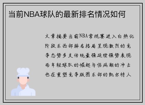 当前NBA球队的最新排名情况如何